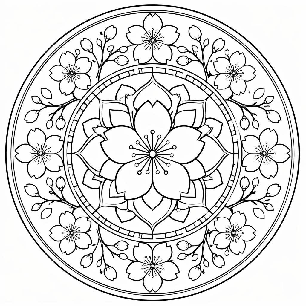 Black-and-white coloring page line art of Japanese cherry blossoms in an adult mandala geometric style.