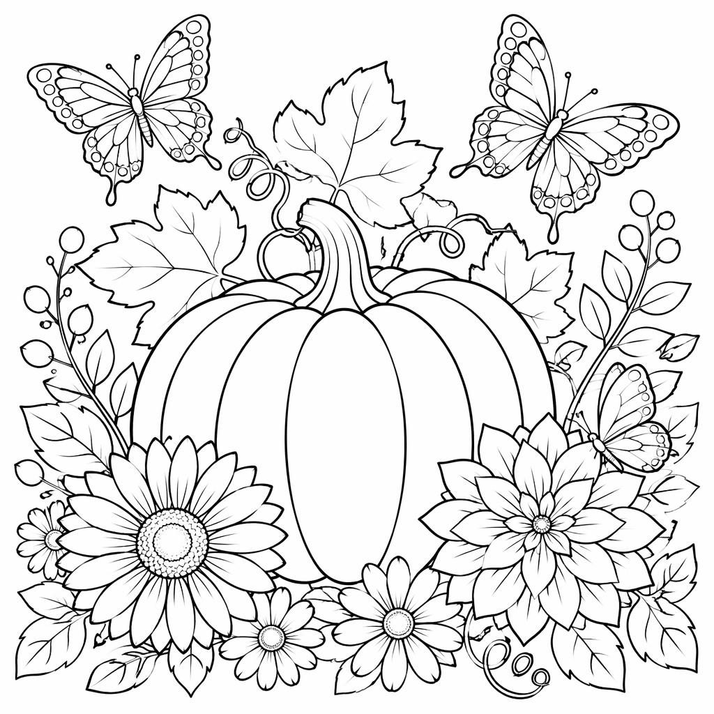 Schwarz-weiße Ausmalbild-Illustration mit detailreichen Schmetterlingen und Blumen im niedlichen Cartoon-Stil
