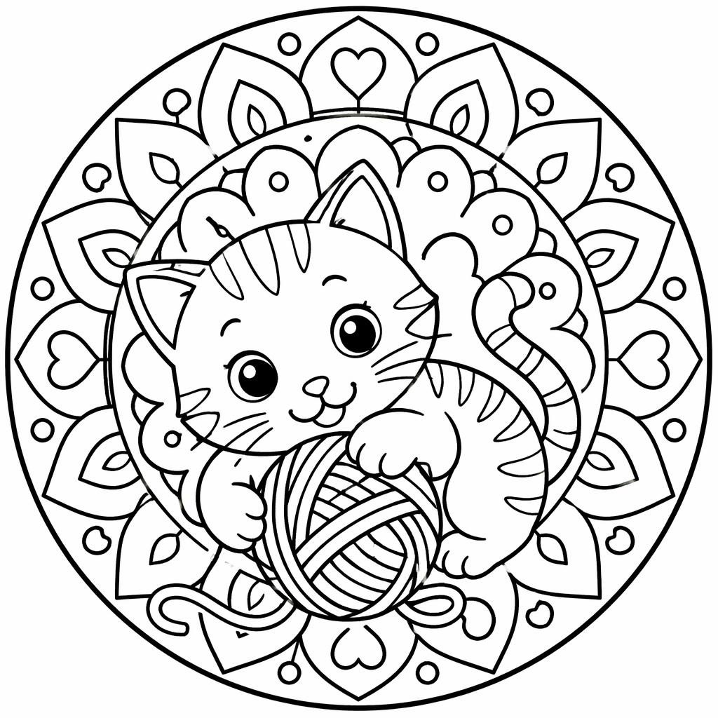 Illustration à colorier en noir et blanc d’un chaton avec une pelote, style doodle simple pour tout-petits.