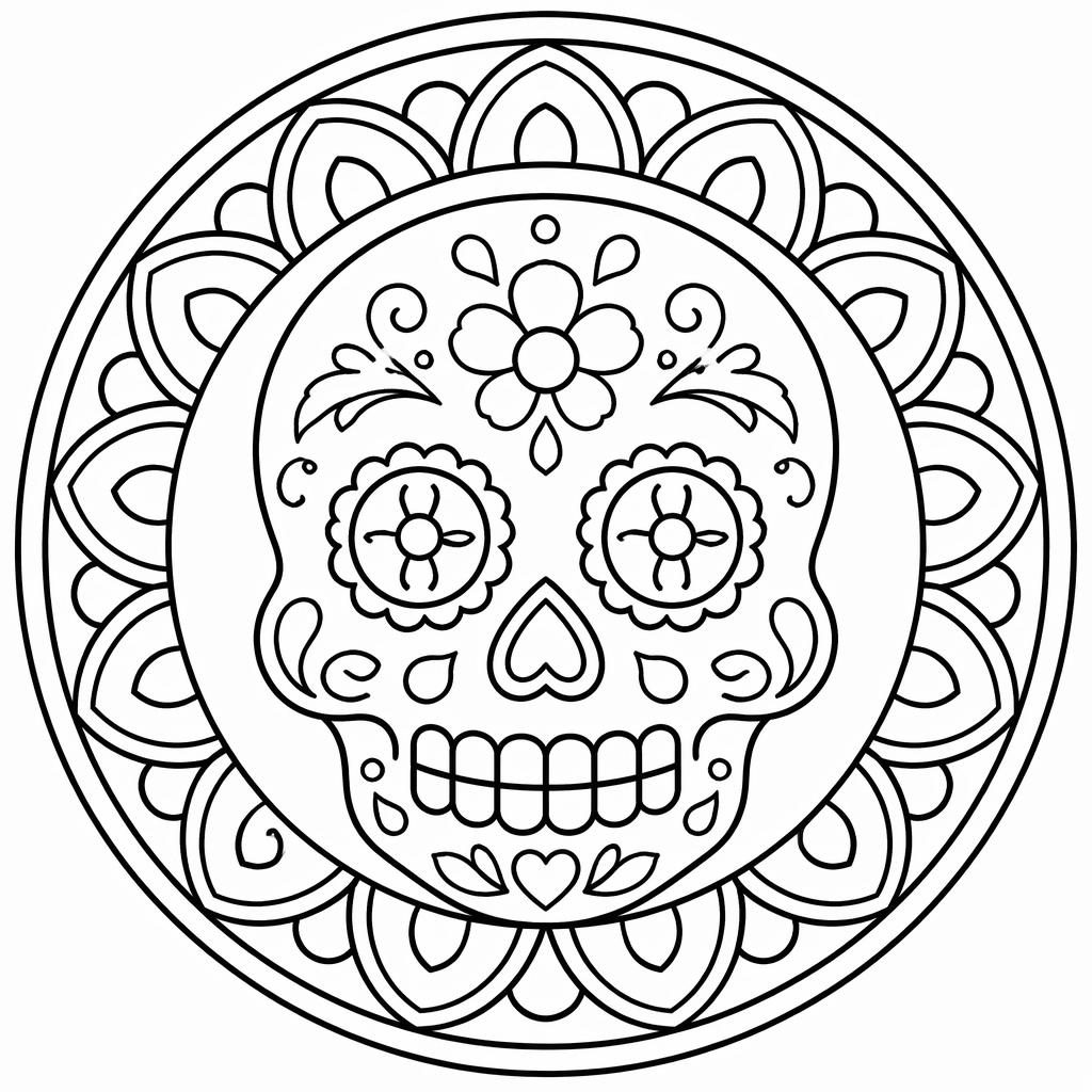 Ilustración para colorear en blanco y negro de una calavera dulce del Día de Muertos con líneas simples y detalles tipo doodle.