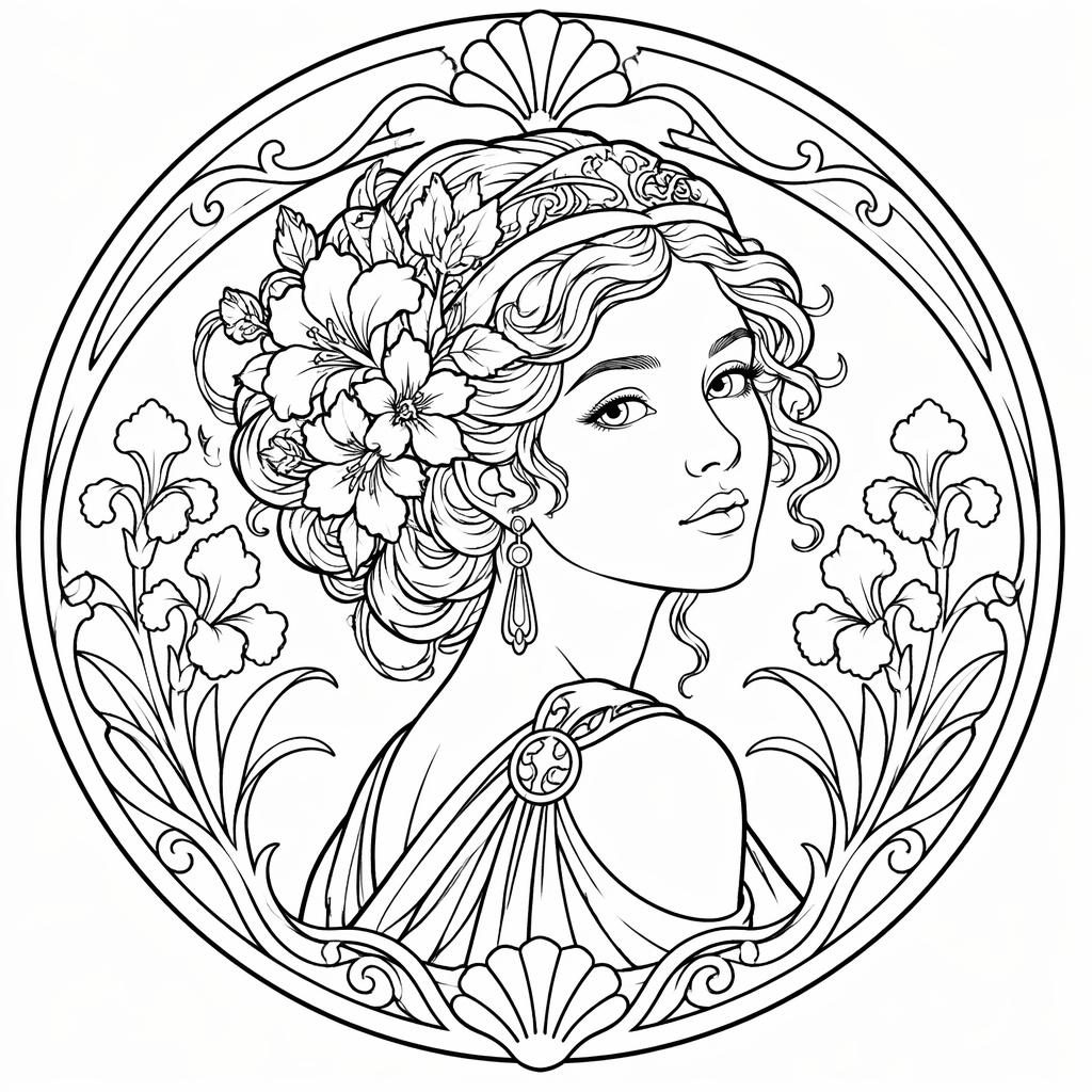 Schwarz-weiß Ausmalbild einer Jugendstil-Frau im manga-inspirierten Linienstil mit klaren Konturen.