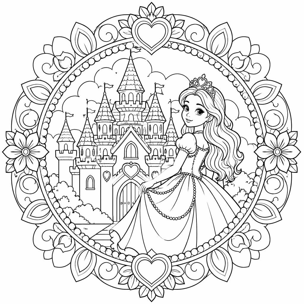 Ilustración en blanco y negro de un castillo de princesa de cuento para niños, con contornos limpios para colorear.