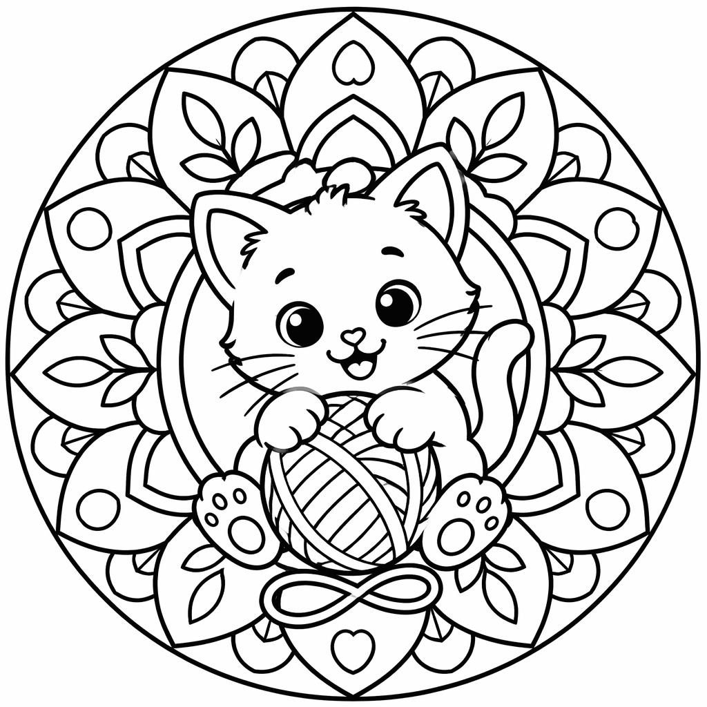 Ilustración para colorear en blanco y negro de un gatito con un ovillo, líneas gruesas y formas cerradas.
