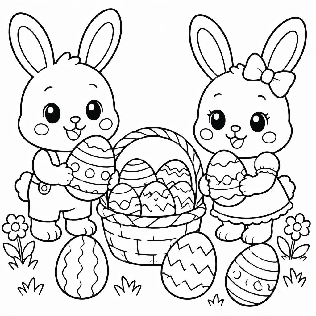 Ilustración en blanco y negro de conejitos niños con huevos de Pascua, estilo manga simple y líneas gruesas.
