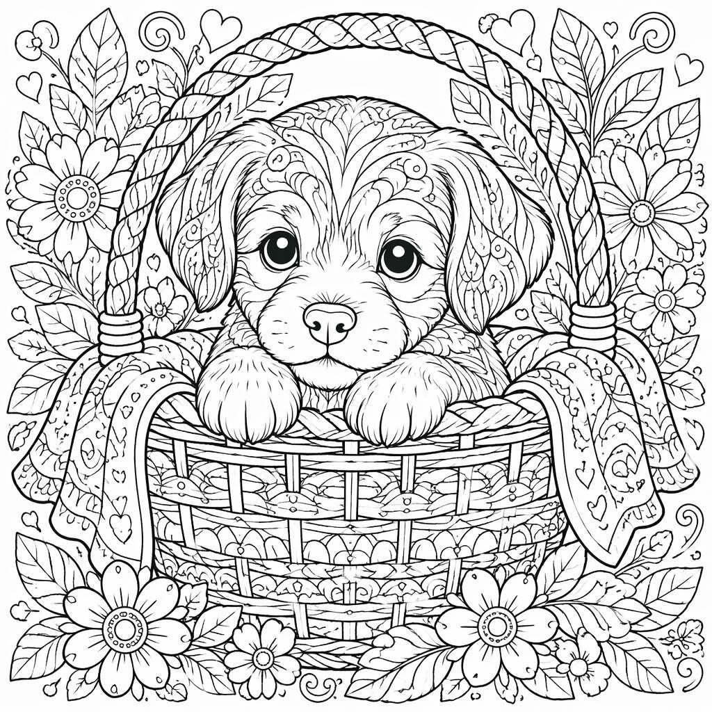 Schwarz-weiße Malvorlage im Zentangle-Stil mit Welpe im Korb und kindgerechten, detailreichen Linien.