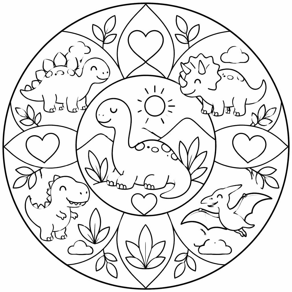 Ilustración para colorear en blanco y negro con escenas de dinosaurios tiernos, líneas simples y formas cerradas.