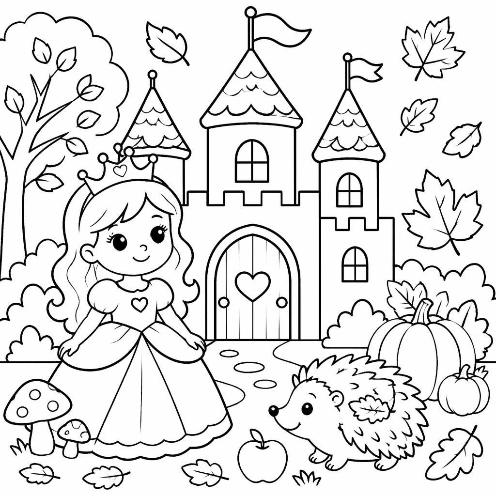 Schwarz-weiße Ausmalseite mit niedlichem Märchenschloss im Cartoonstil für kleine Kinder, mit dicken Konturen.
