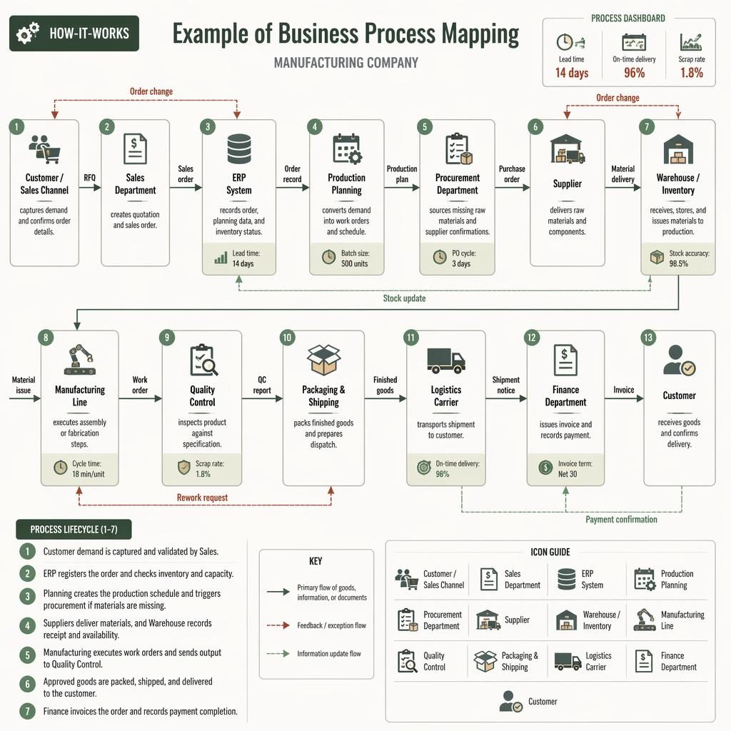 Vector infographic showing a left-to-right manufacturing business process map with departments, systems, arrows, metrics, and legend.