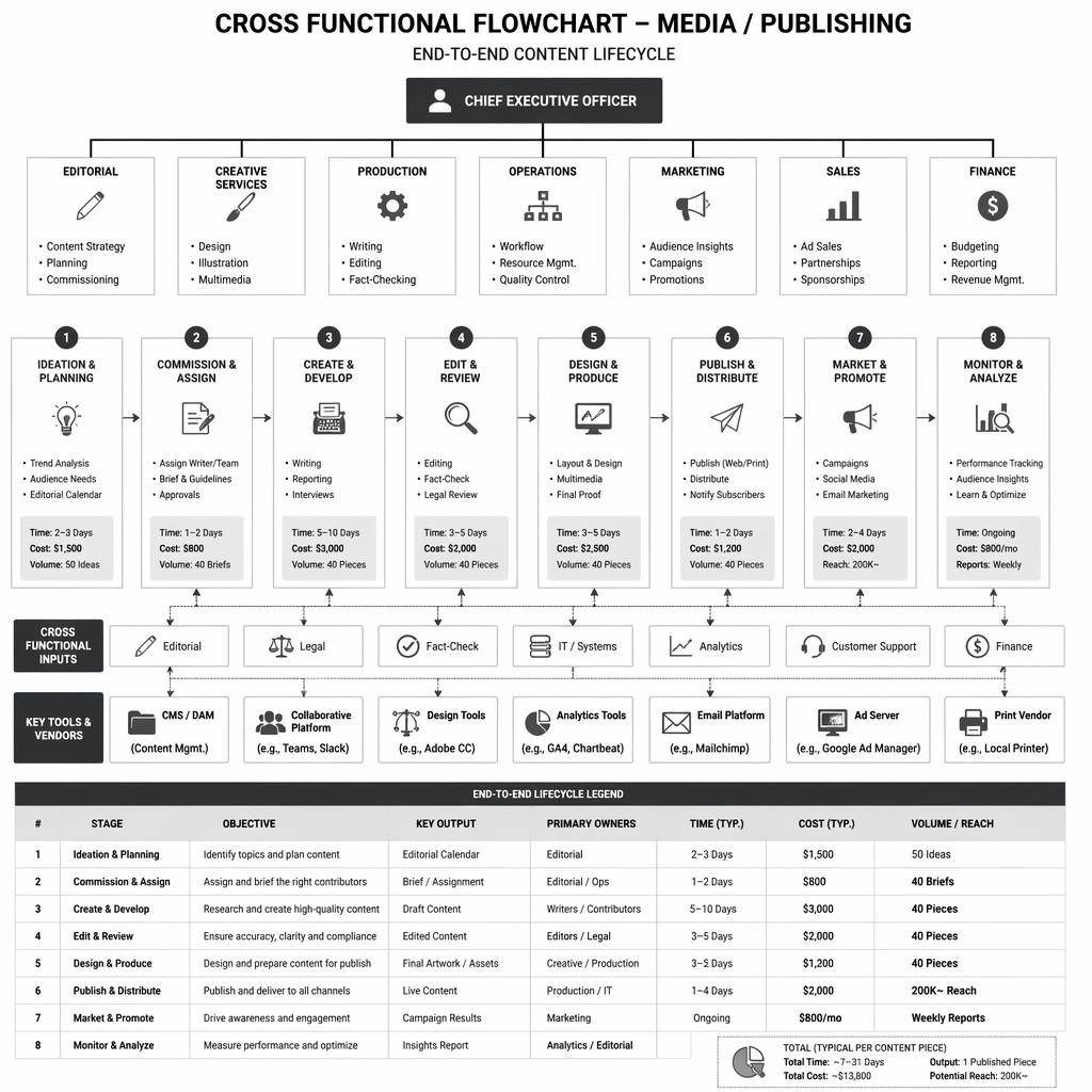 Monochrome media publishing org-chart style flowchart with labeled boxes, arrows, icons, and numbered legend