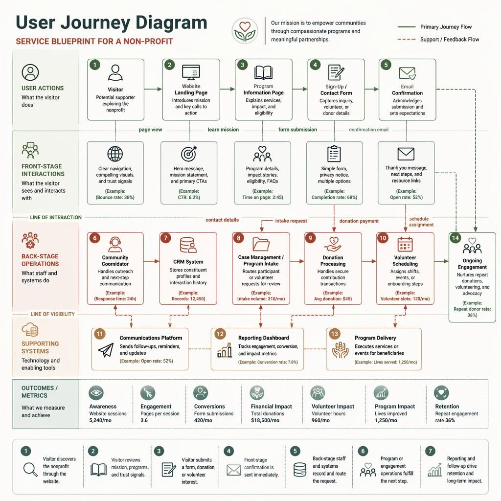 Modern user journey diagram infographic for a nonprofit with swimlanes, labeled process boxes, arrows, legend, and example metrics.