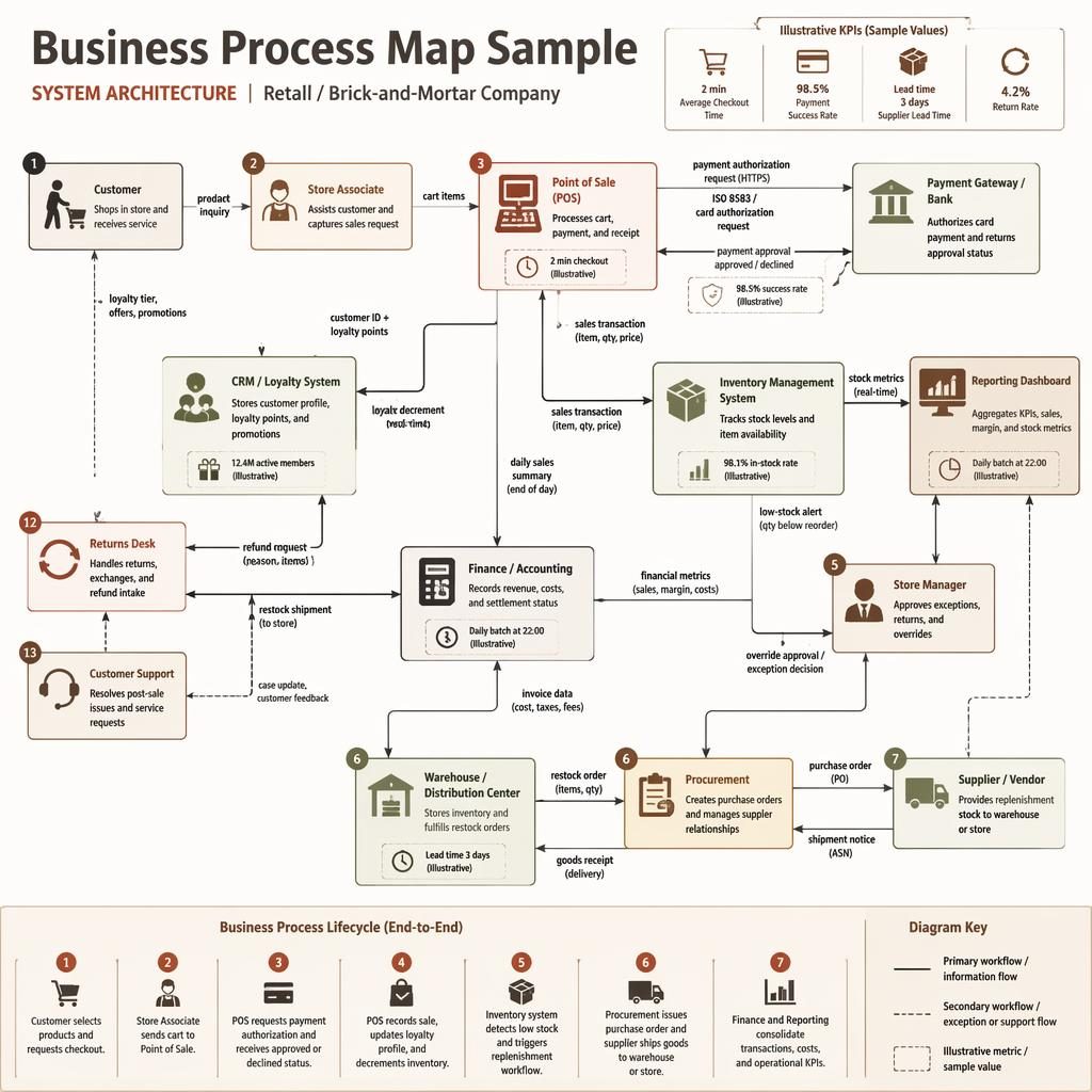 Retail business process map sample infographic with POS, inventory, procurement, finance, CRM, warehouse, and arrows.