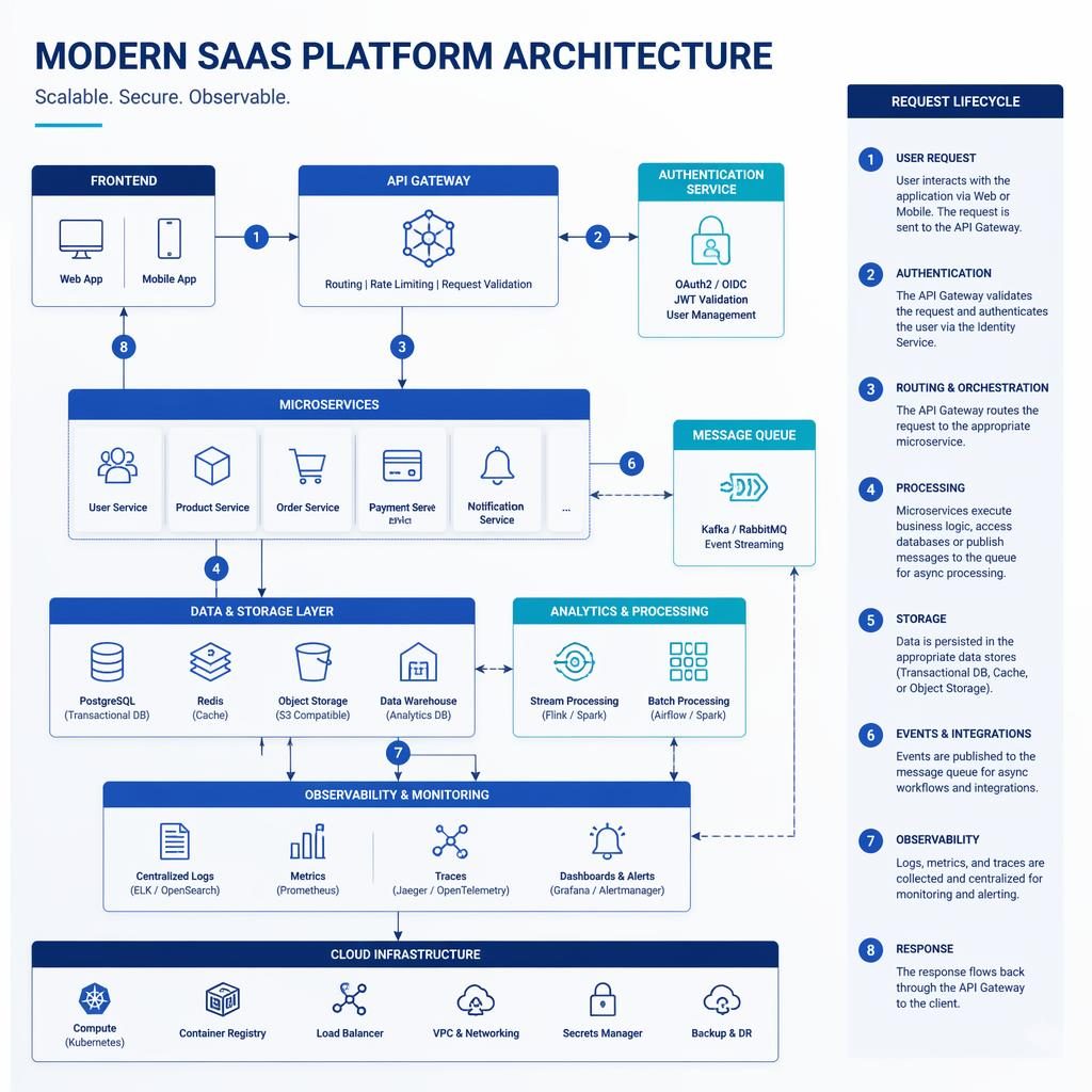 Presentation board showing software architecture with labeled frontend, API gateway, auth, microservices, queue, databases, analytics, monitoring, and cloud.