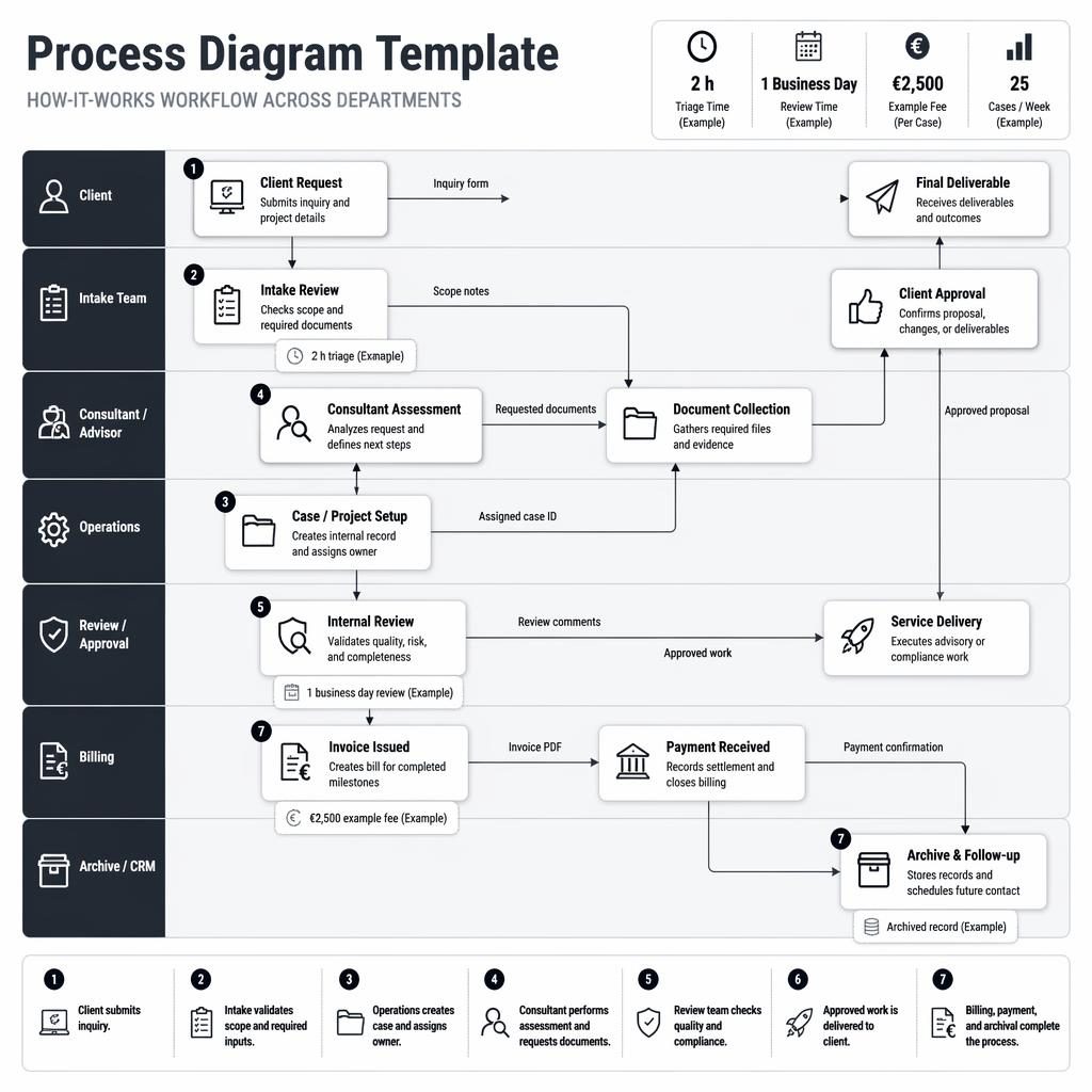 Monochrome Workflow-Swimlane-Infografik für Professional Services mit Prozessboxen, Pfeilen, Legende und Kennzahlen.