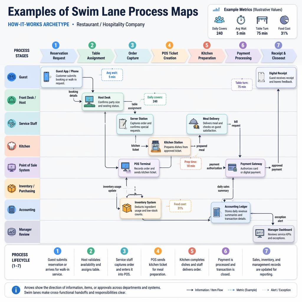 Isometric restaurant swim lane process map infographic with guest, host, service, kitchen, POS, inventory, accounting lanes