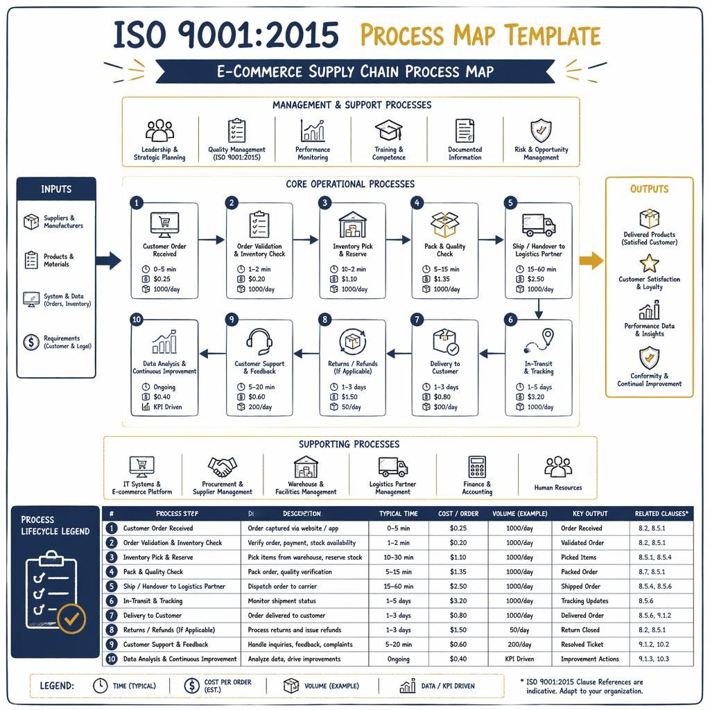 Hand-drawn whiteboard-style e-commerce supply chain process map with labeled boxes, arrows, legend, navy and gold palette