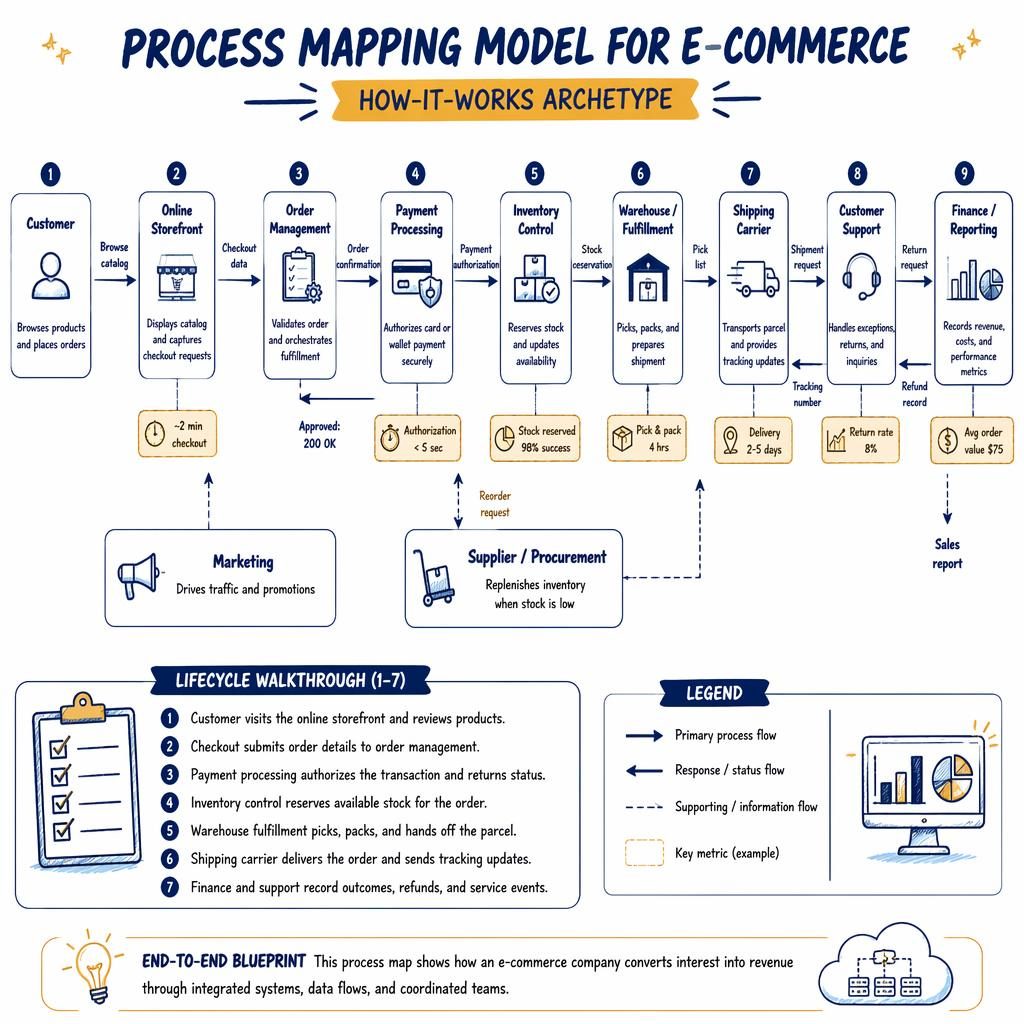 Infographie de processus e-commerce en pipeline gauche-droite avec boîtes, flèches, légende et métriques sur fond blanc.