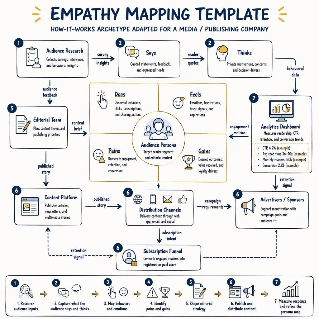 Tech-style empathy mapping template canvas for media publishing with labeled boxes, arrows, legend, and example metrics.