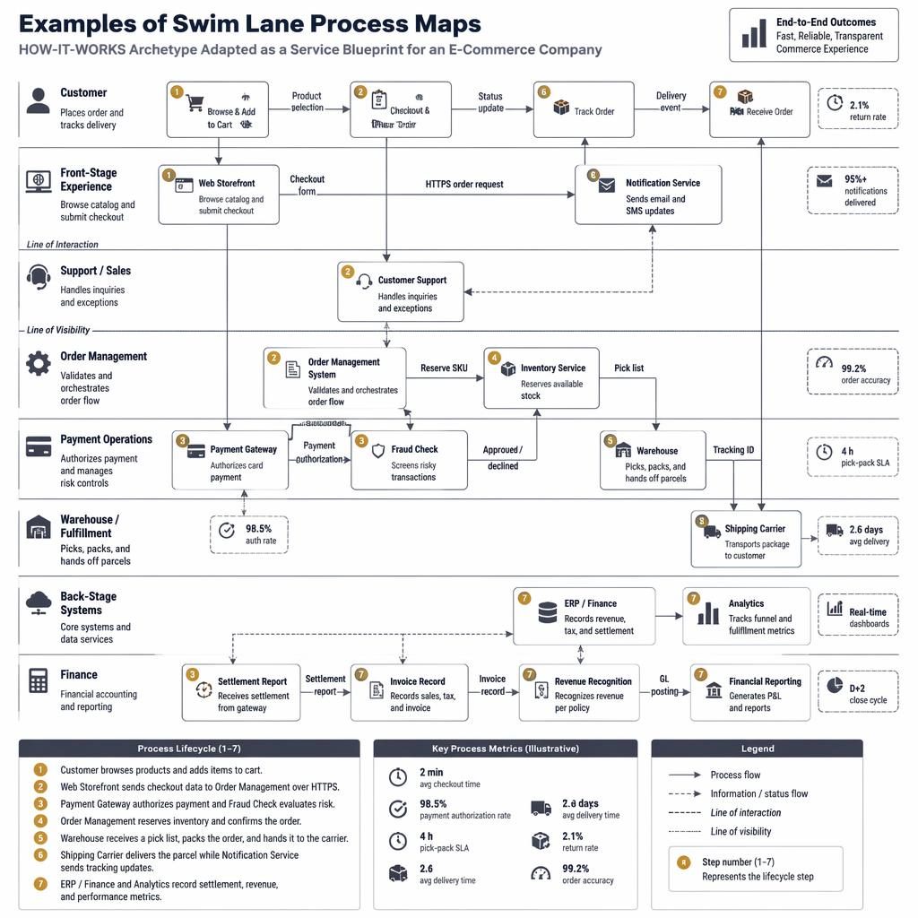 Executive-style swim lane process map infographic for e-commerce with front-stage and back-stage lanes, boxes, arrows, legend.