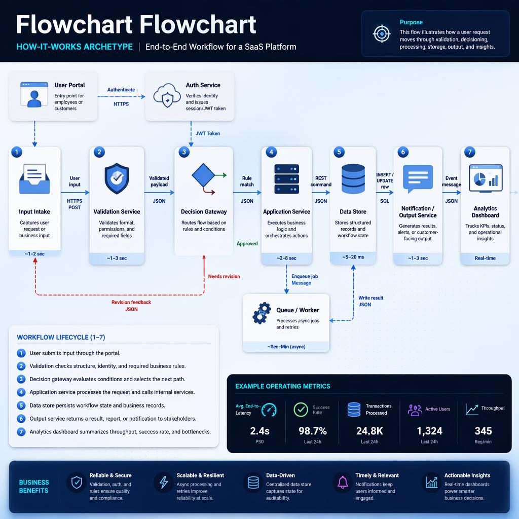 Tech-infographic met links-naar-rechts SaaS-procesflow, gelabelde boxes, pijlen, beslispad, legenda en dashboard.