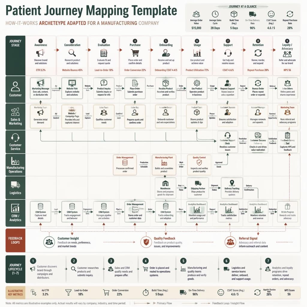 Horizontal patient journey mapping template infographic with swimlanes, stage boxes, arrows, KPIs, feedback loops, and legend.
