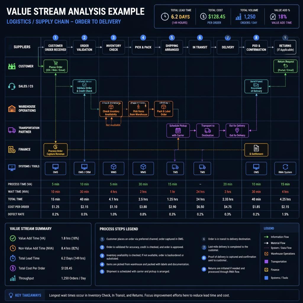 Blueprint-style logistics workflow diagram with swimlanes, connected process boxes, arrows, generic icons, and numbered legend