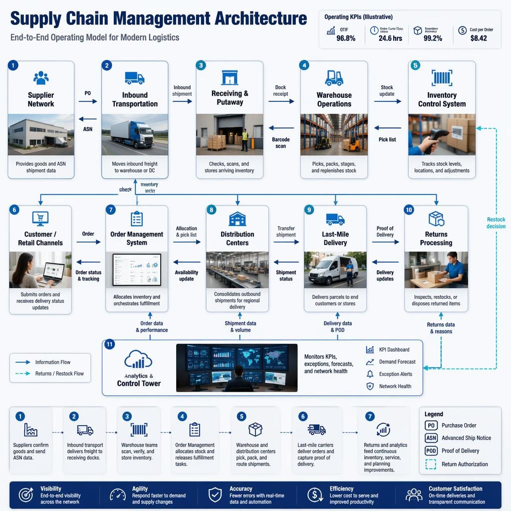 Executive supply chain management architecture infographic with end-to-end modules, arrows, icons, legend, and miniature logistics scenes.