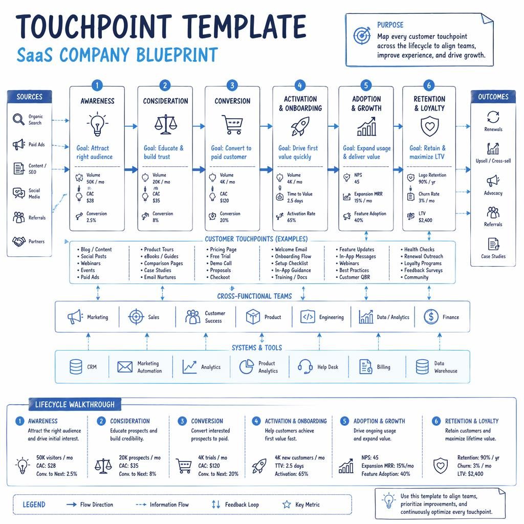 Sketchnote-style SaaS touchpoint template with labeled boxes, arrows, legend, and blue-cyan business model canvas layout