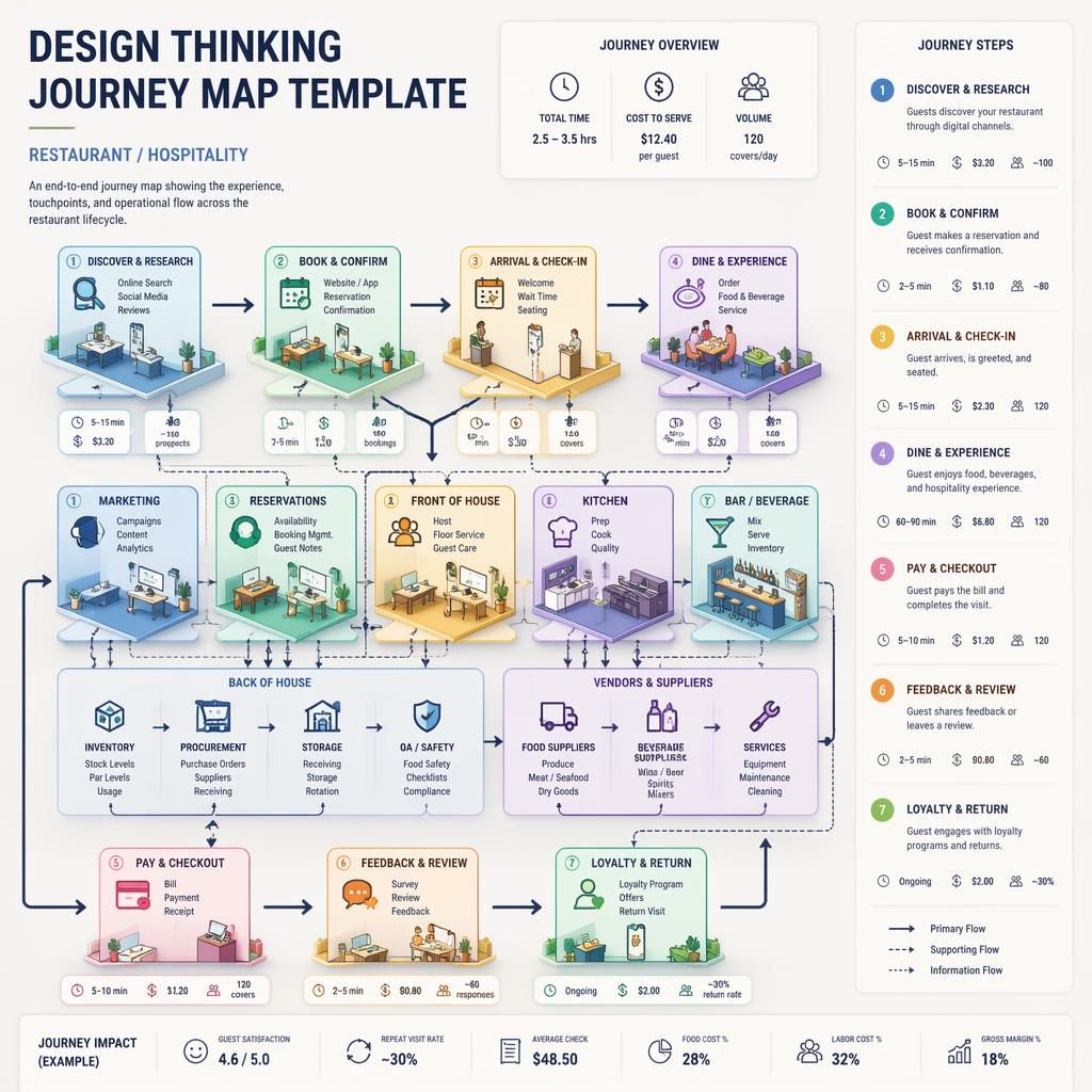Isometric 3D restaurant journey map design thinking template with pastel department blocks, arrows, icons, and lifecycle legend.