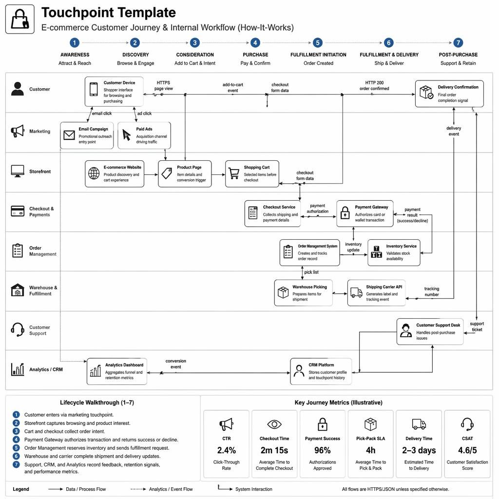 Monochrome e-commerce touchpoint template swimlane infographic with 8 lanes, labeled boxes, arrows, legend, and metrics.