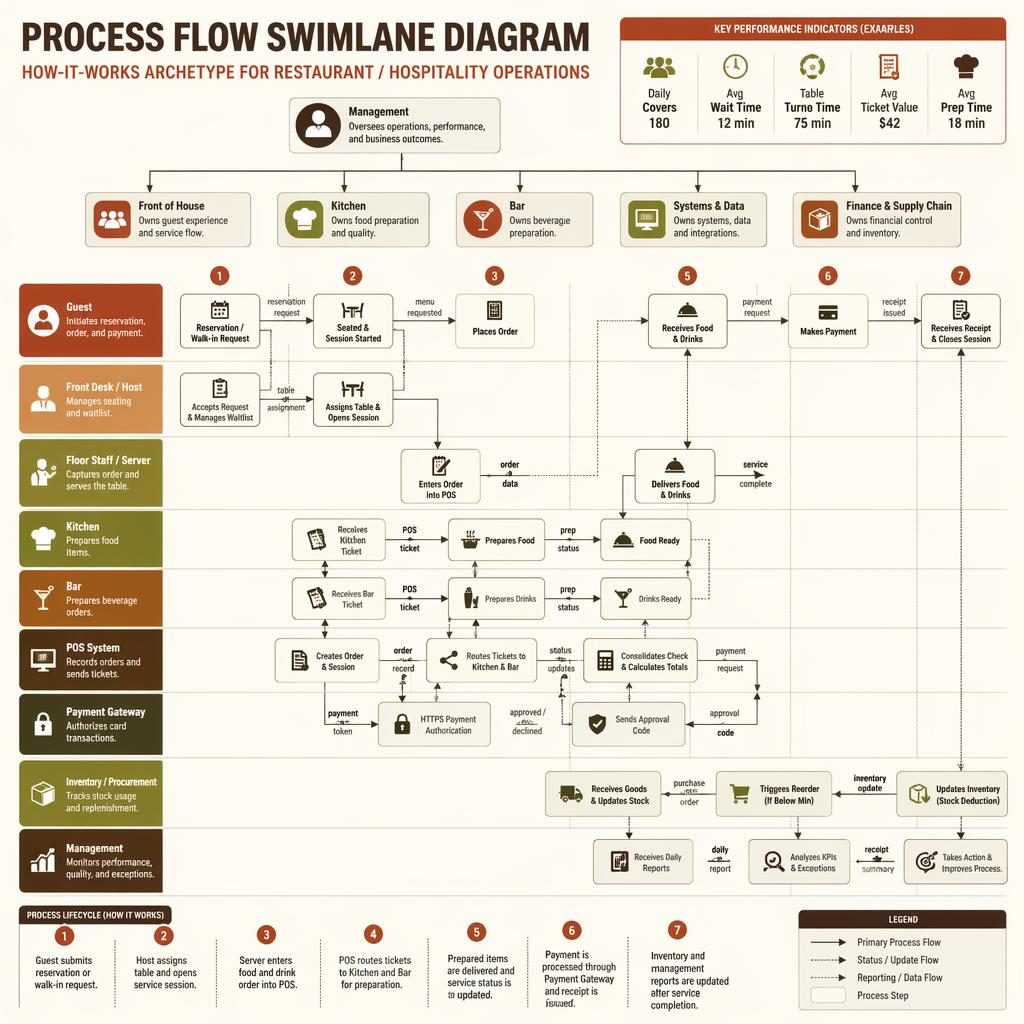 Executive restaurant process flow swimlane diagram with departments, arrows, icons, metrics, and 1-7 lifecycle legend.