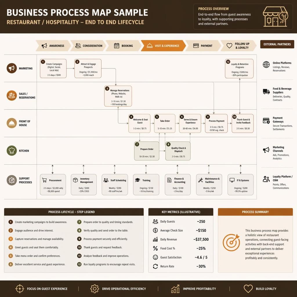 Corporate workflow swimlane diagram for restaurant operations with labeled process boxes, arrows, icons, and numbered legend.