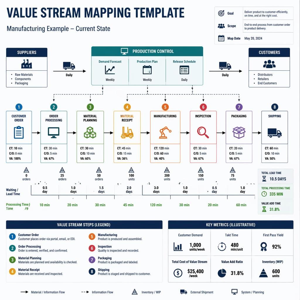 Minimal flat manufacturing value stream mapping template with labeled process boxes, arrows, icons, and numbered legend.