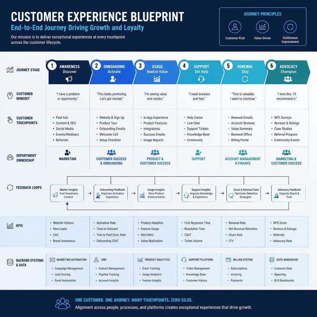 Diagramma customer journey per azienda SaaS con fasi da discovery a loyalty, frecce, KPI, touchpoint e reparti.