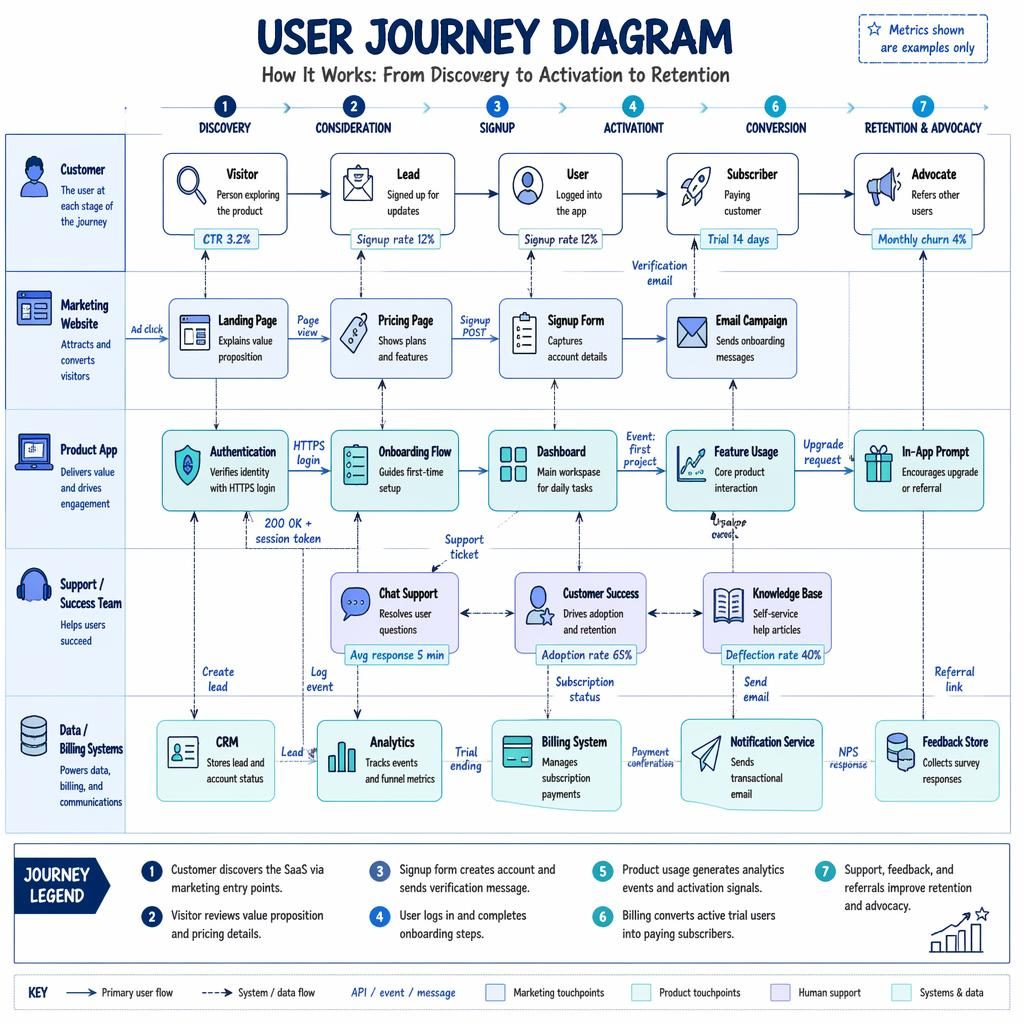 Tech infographic user journey diagram with 5 SaaS swimlanes, labeled boxes, arrows, icons, metrics, and legend.