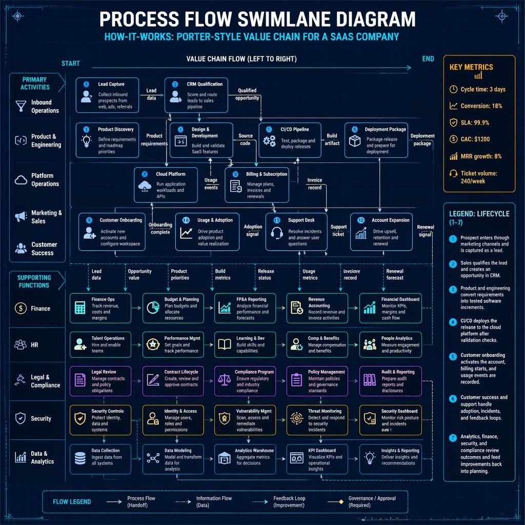 Blueprint-style process flow swimlane diagram for a SaaS company with horizontal lanes, arrows, metrics, legend, and icons.