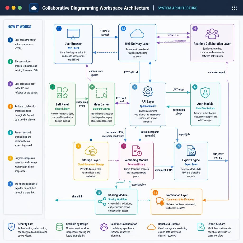 Photorealistic SaaS dashboard infographic showing collaborative diagramming system architecture with labeled boxes, arrows, and legend.