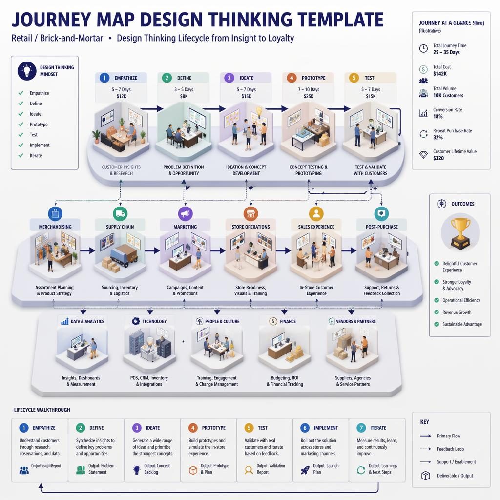 Isometric 3D retail company blueprint with pastel office colors, labeled departments, arrows, and numbered lifecycle legend