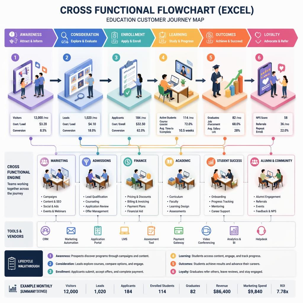 Isometric 3D education customer journey map with pastel office palette, labeled workflow boxes, arrows, and numbered legend.
