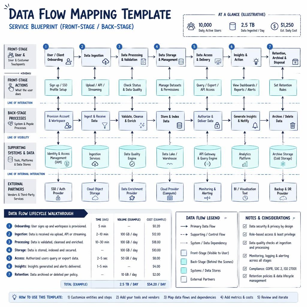 Sketchnote-style SaaS service blueprint diagram with blue and cyan boxes, arrows, generic icons, and numbered flow legend.