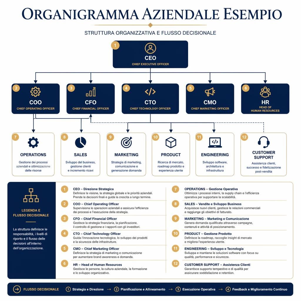 Infografica con organigramma aziendale esempio: CEO, COO, CFO, CTO, CMO e reparti collegati da frecce su sfondo bianco.