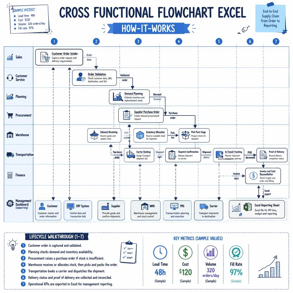 Tech blue cross functional flowchart excel infographic with swimlanes, arrows, logistics steps, system boxes, metrics, and legend.