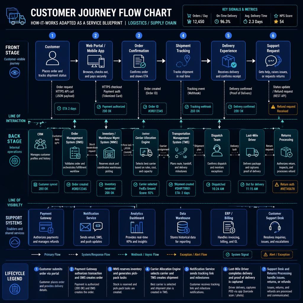 Blueprint infographic of a logistics customer journey flow chart with front stage, back stage, and support systems lanes.