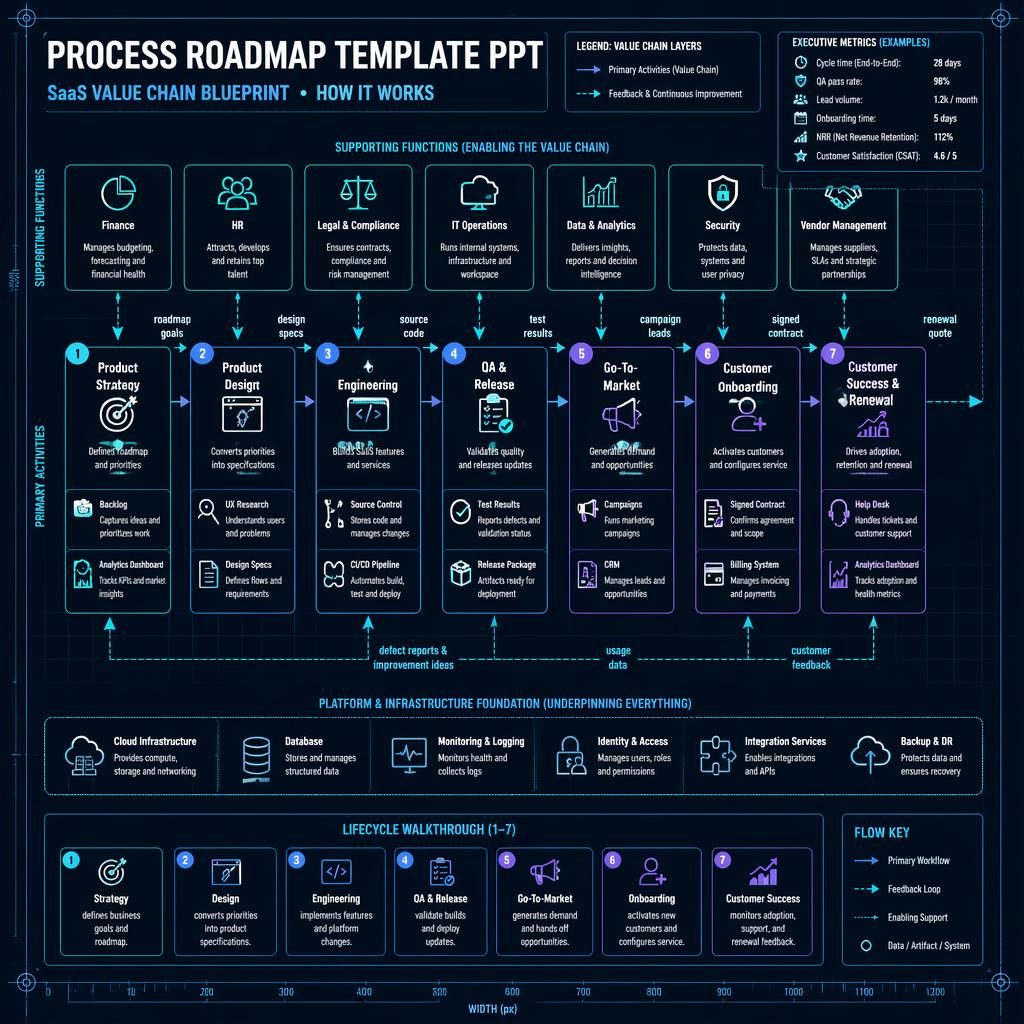 Dark blueprint-style SaaS value chain infographic with labeled workflow boxes, arrows, support functions, metrics, and legend.