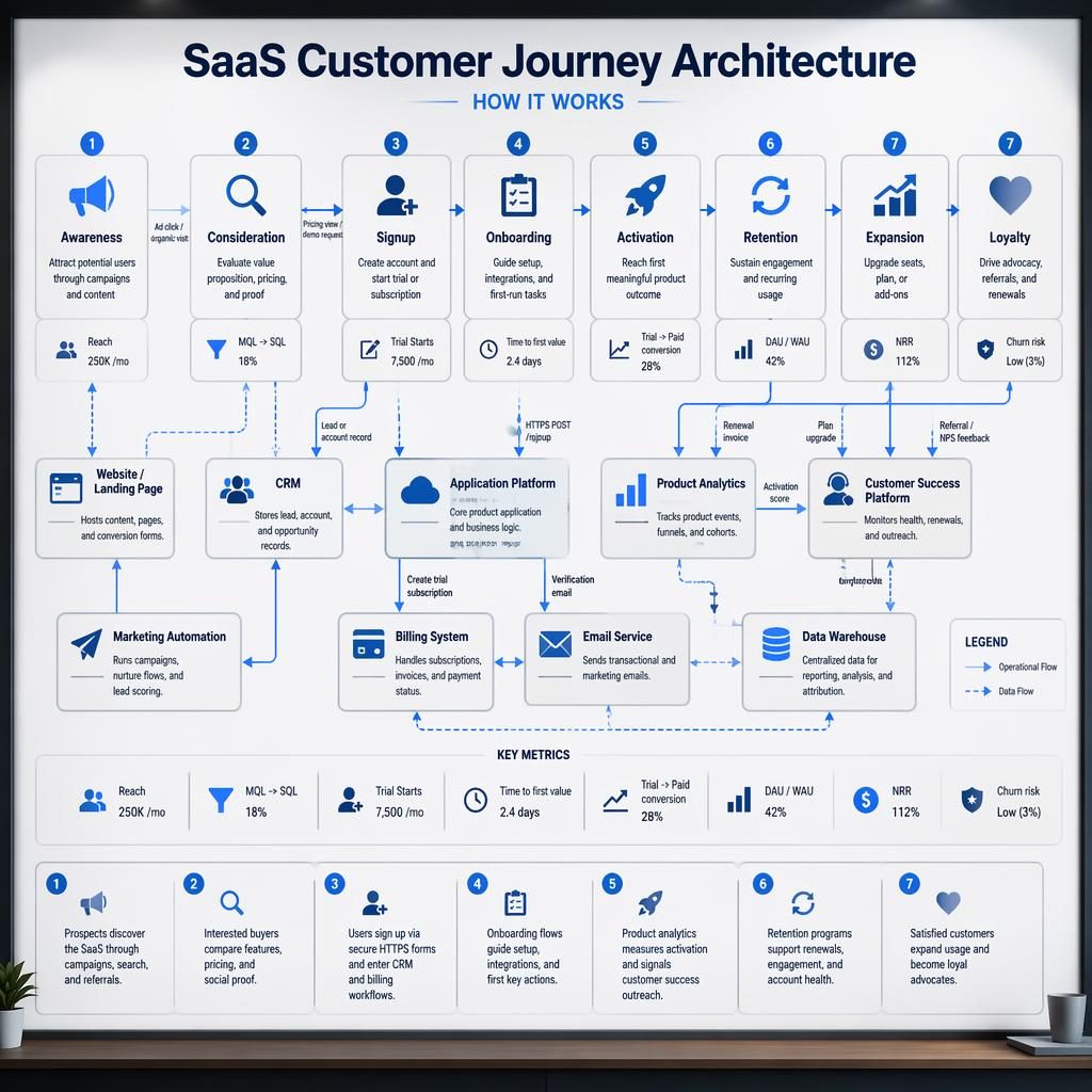 Executive-style SaaS customer journey infographic board with lifecycle stages, system boxes, arrows, legend, and blue tech palette.