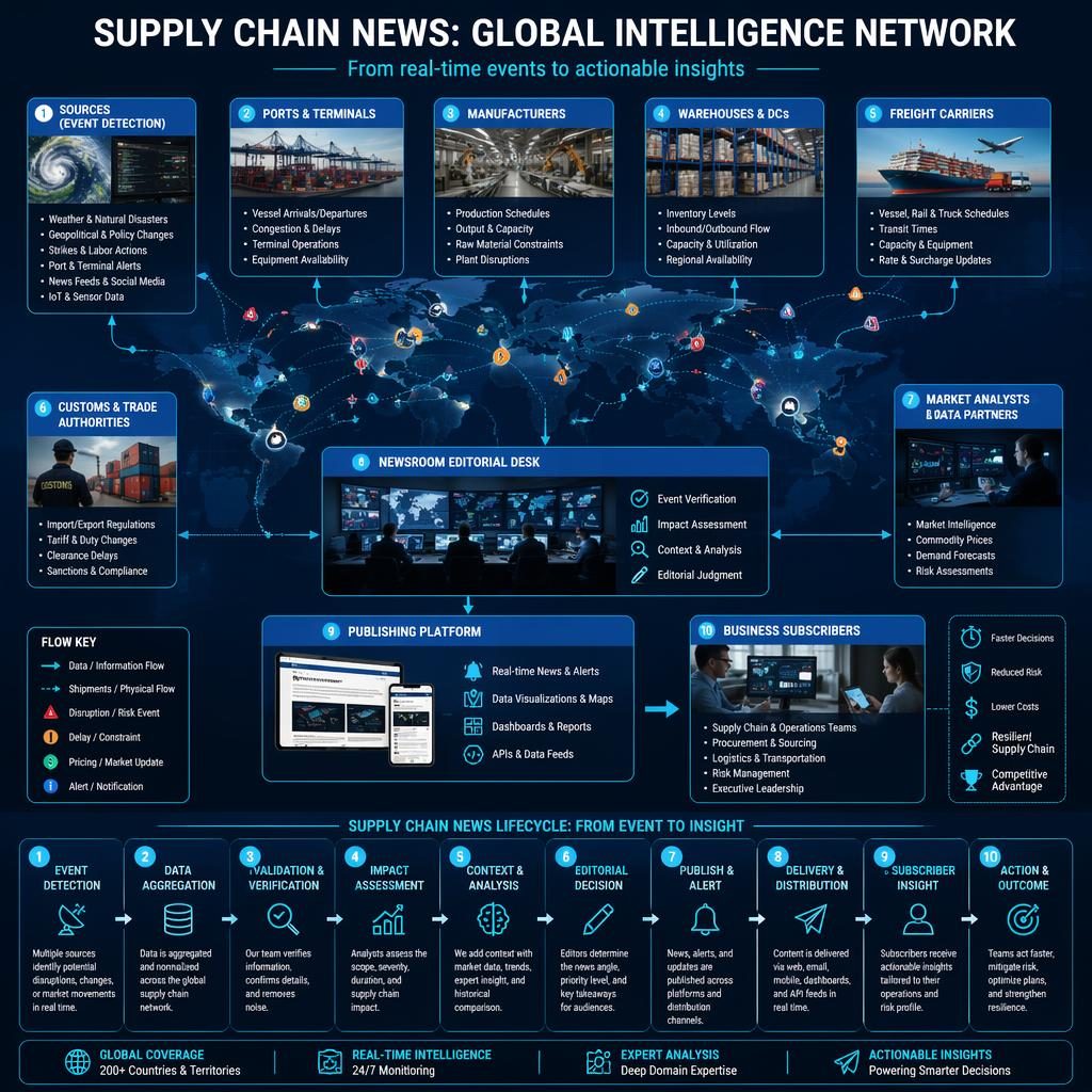 Infographic-style architecture diagram showing sources, ports, warehouses, customs, newsroom desk, publishing platform, and subscribers.