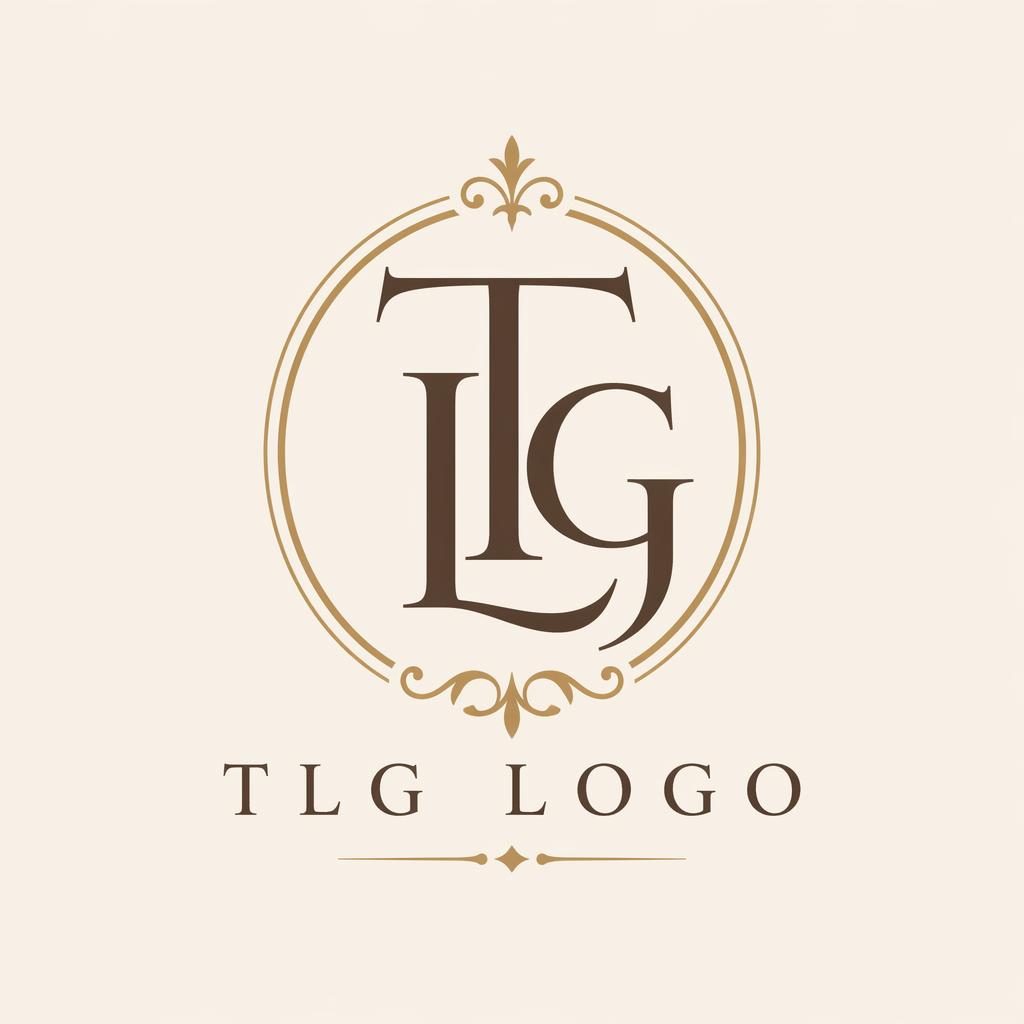 Centered luxury TLG monogram logo in vintage retro style with warm earth tones on a neutral background.