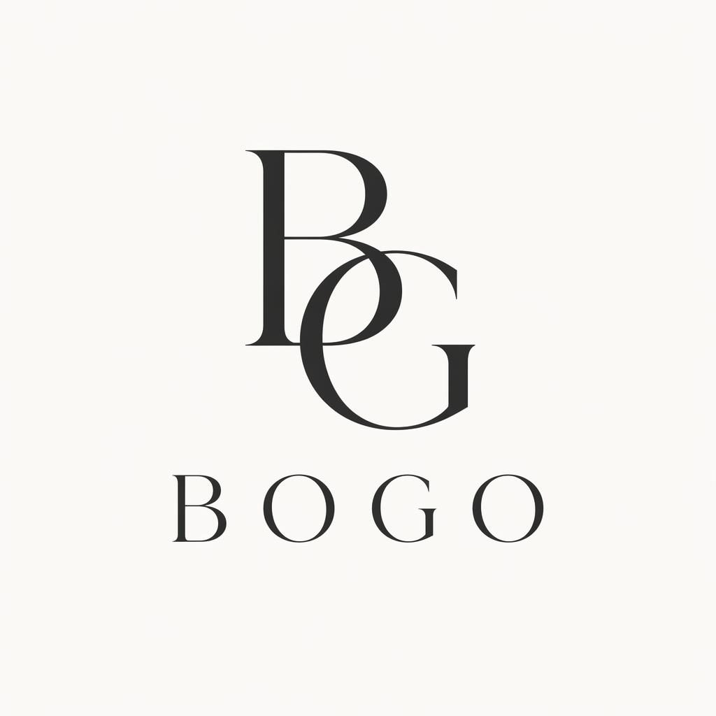 Centered luxury lettermark logo for bogo logo in elegant serif typography, monochrome palette, on a neutral background.