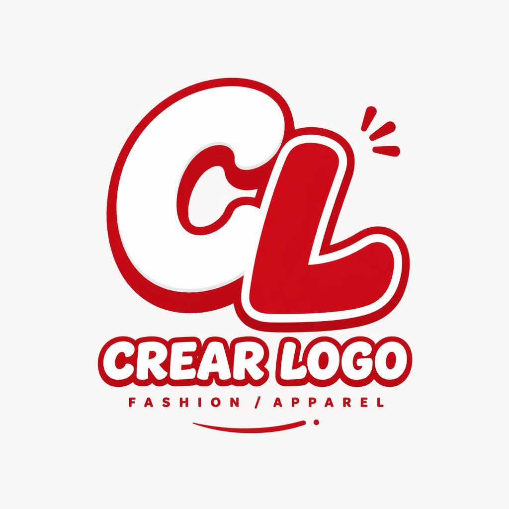 Logo lettermark centrado en rojo y blanco, estilo cartoon, con tipografía del nombre sobre fondo neutro cuadrado.
