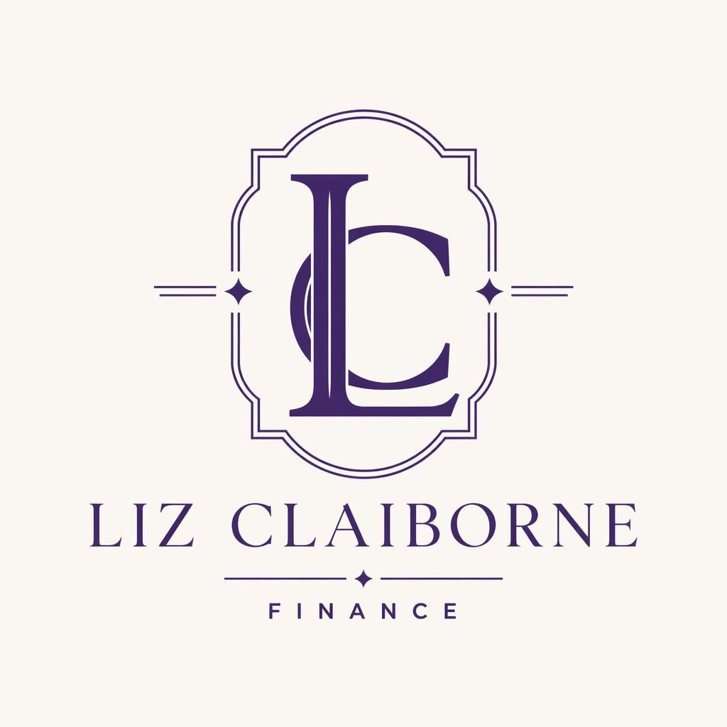 Vintage-style royal purple monogram logo for Liz Claiborne on a neutral background with matching brand typography.