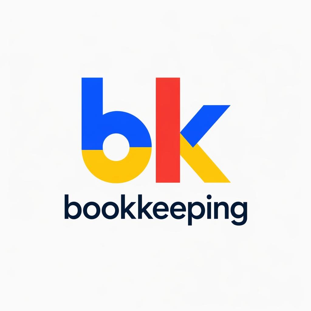 Centered monogram bookkeeping logo with Swiss-inspired typography, playful primary colors, and neutral background.